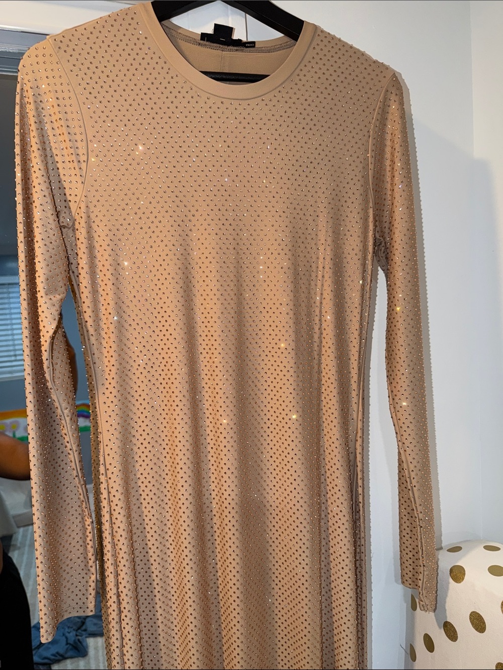 Embellished Nude Long-Sleeve Women’s Maxi Dress